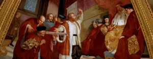 In this fresco created by a Tuscan School painter, Galileo is seen showing his telescope to the doge (chief magistrate) and senators of Venice, Italy. © The Art Archive/Corbis.