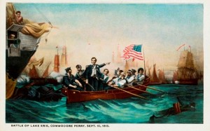 Postcard with a depiction of Commodore Oliver Hazard Perry leading men at the Battle of Lake Erie, September 10, 1813. The image was inspired by an 1865 painting by William Henry Powell that is on display at the Ohio State Capitol. © GraphicaArtis/Corbis