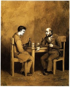 Illustration of Raskolnikov and his neighbor, Marmeladov, from an 1874 edition of Crime and Punishment by Fyodor Dostoyevsky. © Fine Art Images/Heritage Images/Hulton Archive/Getty Images.