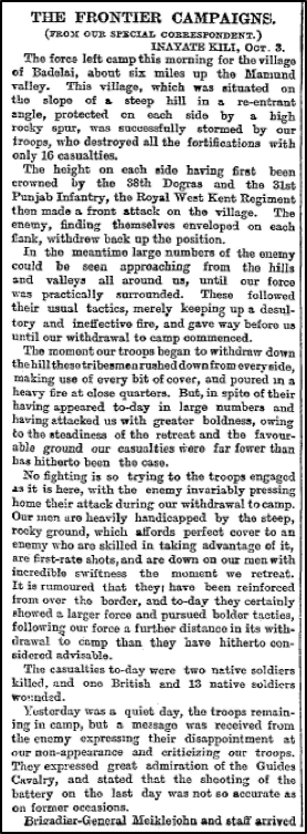‘The Frontier Campaigns’, The Times, 5 October 1897; pg. 3 