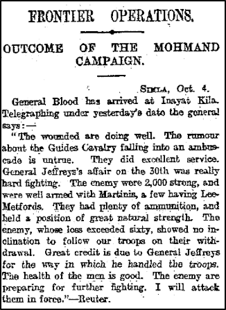 ‘Outcome of the Mahmand Campaign’, The Daily Mail, 5 October 1897; pg. 5 