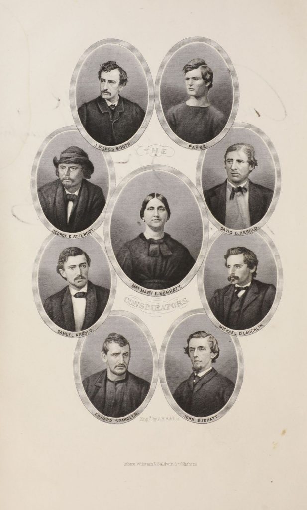 A page of a book with portraits of individuals who conspired to kill Abraham Lincoln.  labeled conspirators