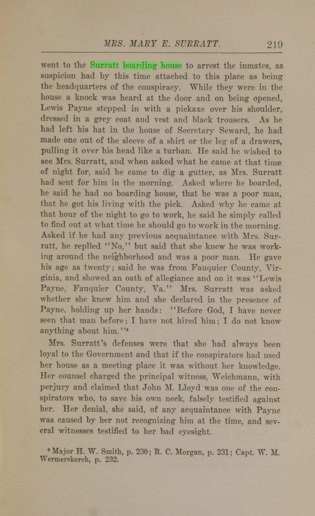 Page from a book documenting the trial of Mary Surratt