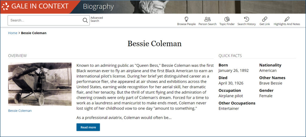 Image of Bessie Coleman inside the Gale In Context: Biography resource