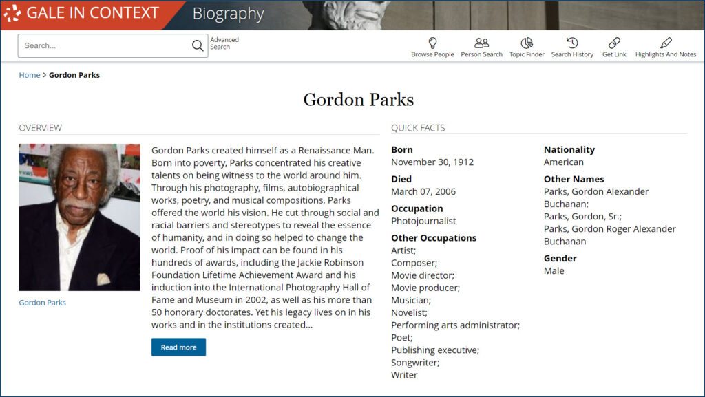 Image of Gordon Parks inside the Gale In Context: Biography resource